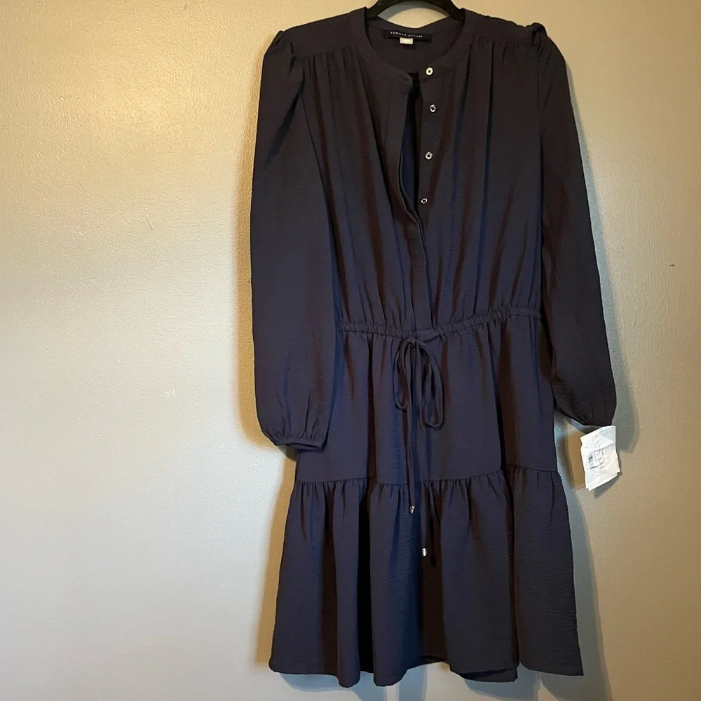 NWOT Tommy Hilfiger Sz 6 Womens Black Long Sleeve Drawstring Shirtdress Ret $129